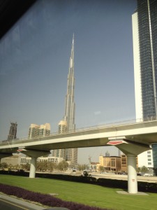 Seeing the world's tallest building - the Burj Khalifa - in the distance while on the way to our hotel.  